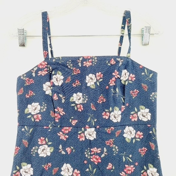 Hollister Floral Navy Blue Pinafore Mini Dress Stretch Academia Summer P6215 - Picture 2 of 8